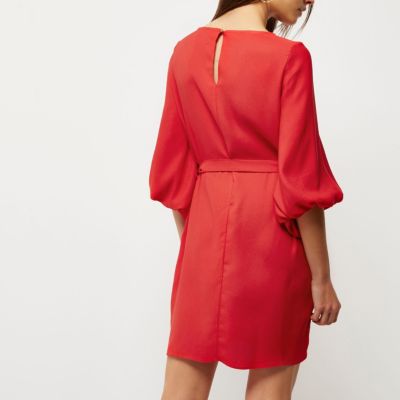 Red puff sleeve swing dress